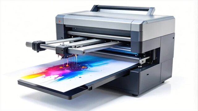 A flatbed printer dispensing colorful ink onto a sheet of paper. Clean white backdrop