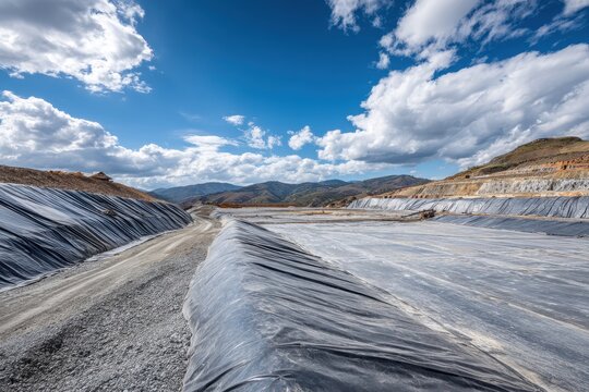Vast industrial site covered with black geomembranes under a cloudy sky. Highlights infrastructure for mining, landfill, or environmental waste management.