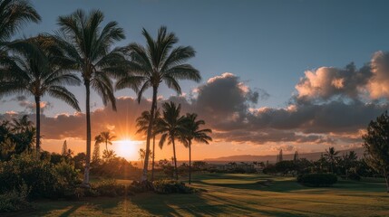 A serene golf course at sunset, lined with tall palm trees under a sky painted with hues of pink and purple, evoking tranquility and leisure.
