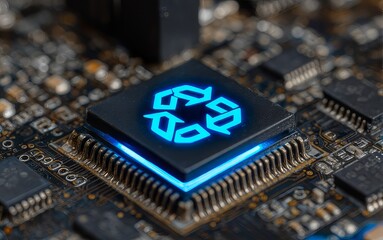 A circuit board with a prominent blue - glowing recycling symbol on a central chip, representing technology - enabled sustainability and eco - friendly innovation.