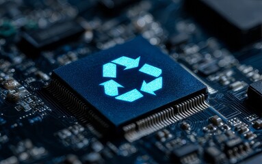 A circuit board with a prominent blue - glowing recycling symbol on a central chip, representing technology - enabled sustainability and eco - friendly innovation.
