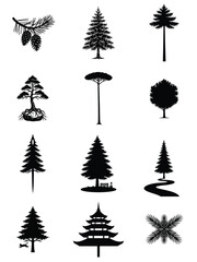 Obraz premium Diverse black tree silhouettes vector collection with pine, spruce, bonsai, and deciduous trees, featuring elements like cones, a bench, a path, and a cat, perfect for nature designs.