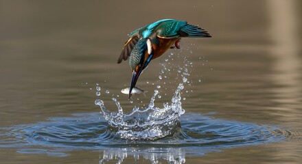 A common kingfisher bird dives into the water to catch a small fish, creating a splash.
