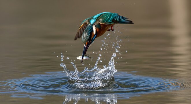 A common kingfisher bird dives into the water to catch a small fish, creating a splash.