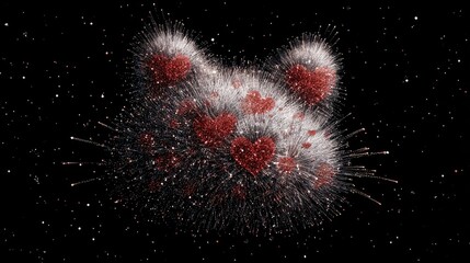 A heart - shaped pattern with white fluffy edges and a red core, surrounded by sparkling particles against a black background, evoking a sense of love and magic.