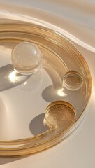 A minimalist arrangement of three transparent circular plates with golden rims, placed on tiered golden - white platforms under soft light, exuding elegance and simplicity.