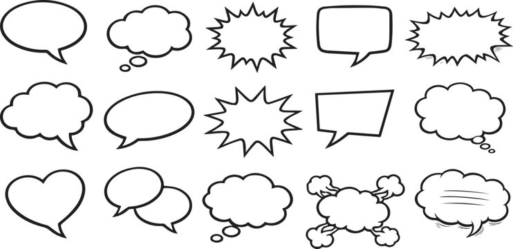 Collection of various comic book style speech bubbles and thought clouds