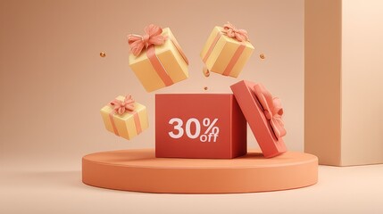 30 percent discount promotion concept with gift boxes. Sale, shopping, and special offer.