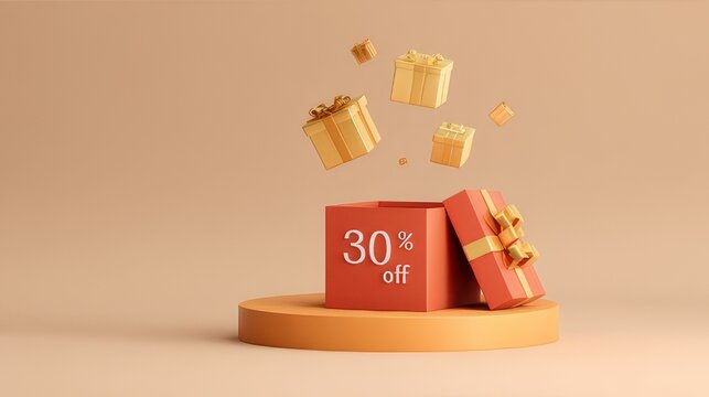 30 percent discount promotion concept with gift boxes. Sale, shopping, and special offer.