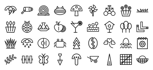 Garden and nature monoline icons featuring botanical elements, weather symbols, and outdoor tools in a minimal geometric aesthetic for modern eco-friendly branding.