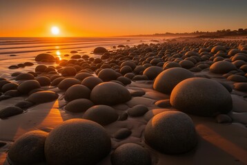 Obraz premium Sunrise over a beach covered with spherical basalt rocks