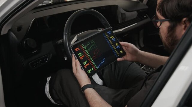 Medium side shot of male car service station mechanic sitting at steering wheel, running engine performance test on tablet, watching graphs to determine malfunctions for overhaul or repair