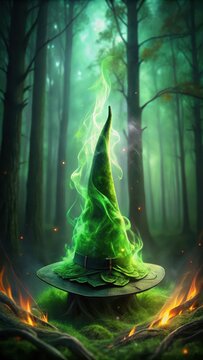 Ancient mystical green witch's hat surrounded by a swirling green flame above a dark mysterious forest