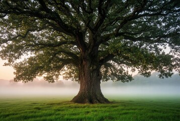 Obraz premium Majestic ancient oak tree with sprawling branches in misty countryside at golden hour