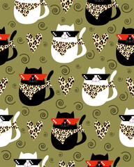 Pattern of cool cats on a green background.