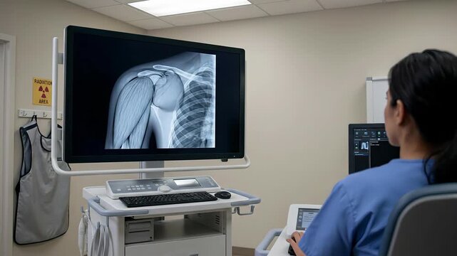 A medical professional views a detailed shoulder x-ray, highlighting upper back muscle anatomy, on a large monitor in a clinical setting.