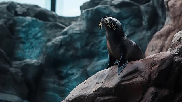 Majestic Sea Lion with Golden Whiskers Stands Proudly on Rocky Outcrop, Gazing Upwards.