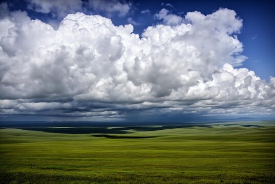 Dramatic storm clouds over vast green landscape with rolling hills