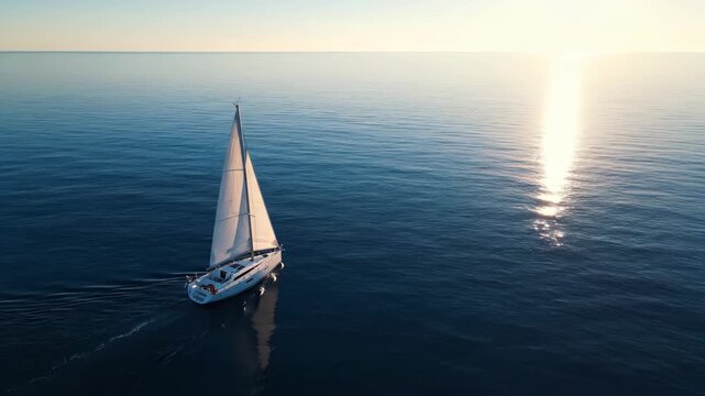 white sailboat sailing in blue ocean water at sunset. luxury yacht boat floating on sea surface. summer vacation travel and tourism. aerial drone view of nautical vessel journey.