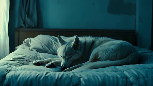 Peaceful White Wolf Dog Asleep on Bed in Dark Bedroom Bathed in Blue Light.
