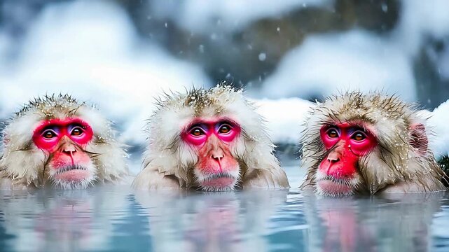 Three Japanese Snow Monkeys Soaking in a Steaming Hot Spring During a Serene Winter Snowfall.