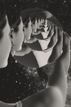 Person holding a mirror reflecting an infinite series of their own profile in a starry galaxy. Noise, grain and motion blur effect applied. Elements of this image furnished by NASA
