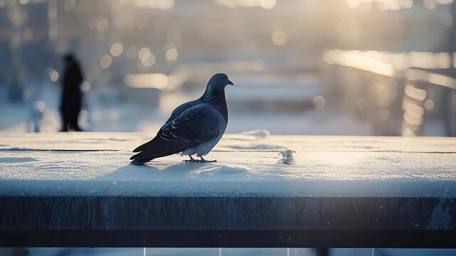 Close up of a solitary pigeon standing on a snowy ledge in soft golden winter light.