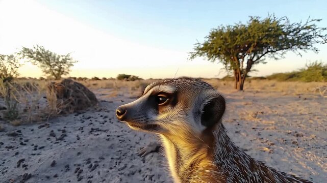Close up shot of a meerkat observing its desert surroundings at golden hour.
