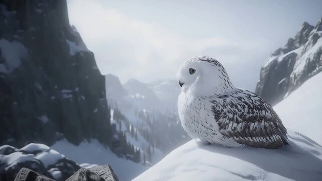 Majestic Snowy Owl Perched on Snowy Mountain Peak in a Serene Winter Landscape.