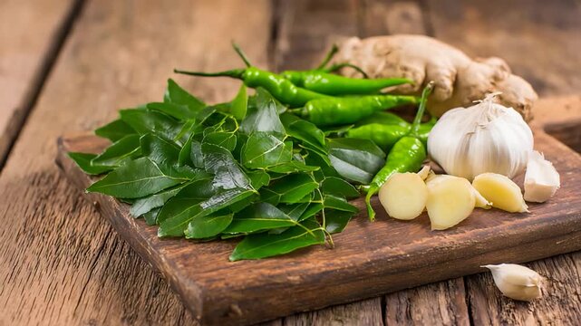 Fresh Aromatic Spices and Herbs on a Rustic Wooden Board, Ready for Cooking.