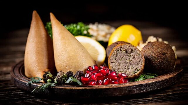 Delicious Middle Eastern Kibbeh Platter with Fresh Lemon and Vibrant Pomegranate Seeds on Dark Background.