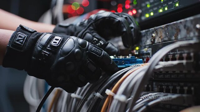 hands in black gloves connecting network cable to switch. server room patch panel with ethernet wires. cyber security, hacking, hardware installation. internet connection, data transfer concept.
