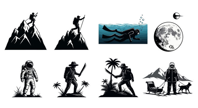 A vector illustration set of black silhouettes featuring a group of people in the desert including a woman dance an athletic sport and a business child or boy in an artistic symbol design