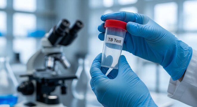 A scientist in blue gloves holds a TB test sample vial in a laboratory setting, with a microscope in the background.