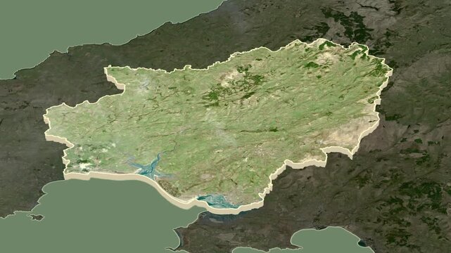 Carmarthenshire region, Wales - Great Britain, extruded on the map. Animation