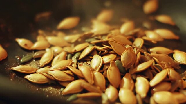 Healthy Snack Preparation Golden Pumpkin Seeds and Pepitas Slowly Roasting in a Warm Pan.