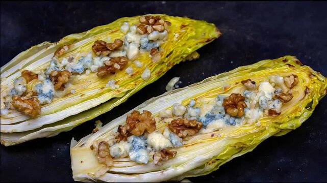 Delicious Roasted Endive Halves Topped with Crumbled Blue Cheese and Crunchy Walnuts.