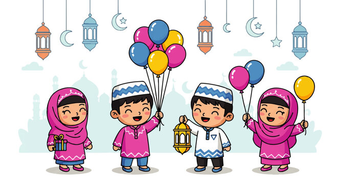 Joyful Muslim Children Celebrating Religious Holiday with Gifts, Balloons, and Lanterns &ndash; Happy Kids in Traditional Attire