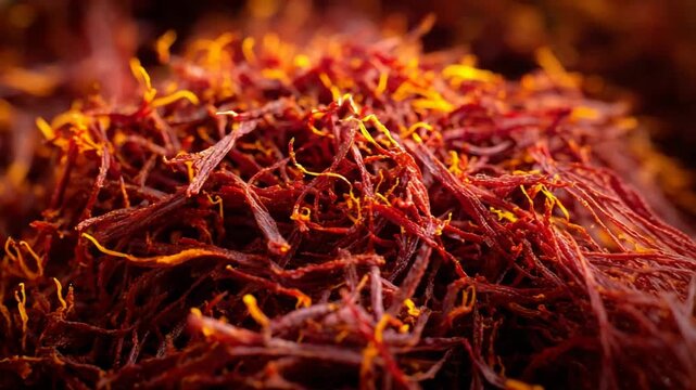 Vibrant Saffron Threads Macro View Revealing Luxurious Texture and Rich Red Yellow Colors.