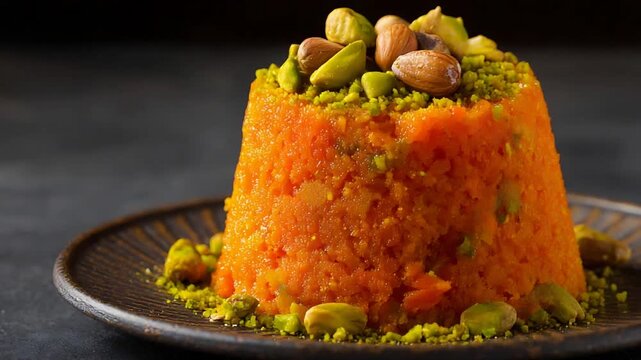 Sweet Carrot Pudding Halwa Garnished with Chopped Nuts, a Rich Culinary Delight.