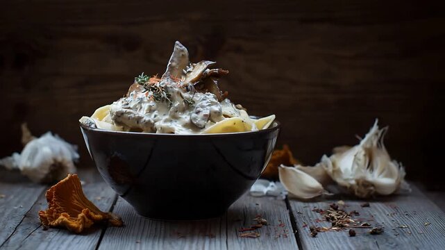 Delicious Creamy Mushroom Pasta Served in a Rustic Bowl on a Wooden Table with Ingredients.