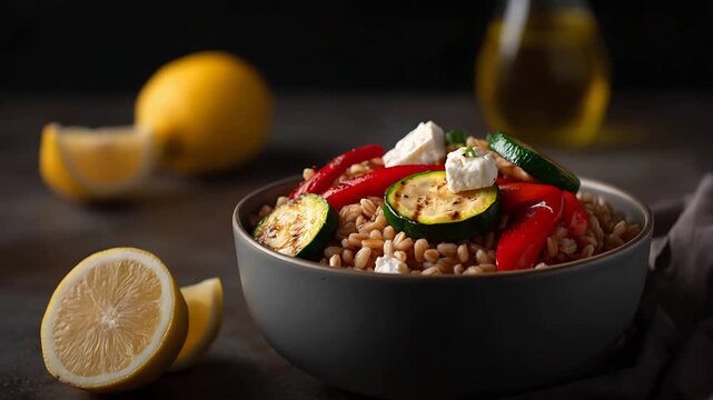 Delicious Grain Salad with Grilled Vegetables and Feta Cheese, Fresh Lemons on Dark Table.