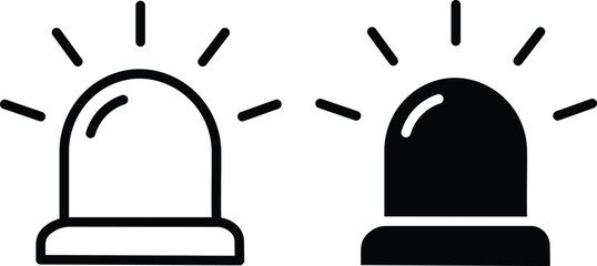 Two simple line art icons depicting a flashing siren or alarm light, one in outline and one filled black, indicating an alert or emergency. © Najma