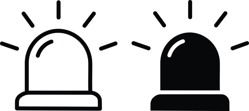 Two simple line art icons depicting a flashing siren or alarm light, one in outline and one filled black, indicating an alert or emergency.