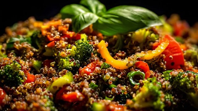 Close up of a vibrant healthy quinoa salad with colorful vegetables and fresh basil leaves.