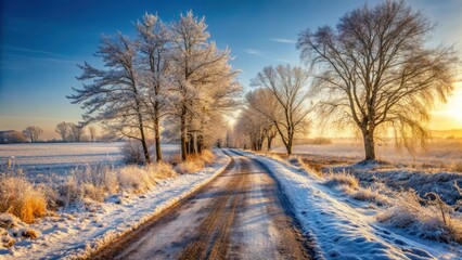 Obraz premium A serene winter landscape with a gravel road covered in snow and ice