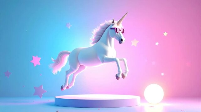 A cool unicorn with sunglasses leaps from a platform against a gradient background with stars