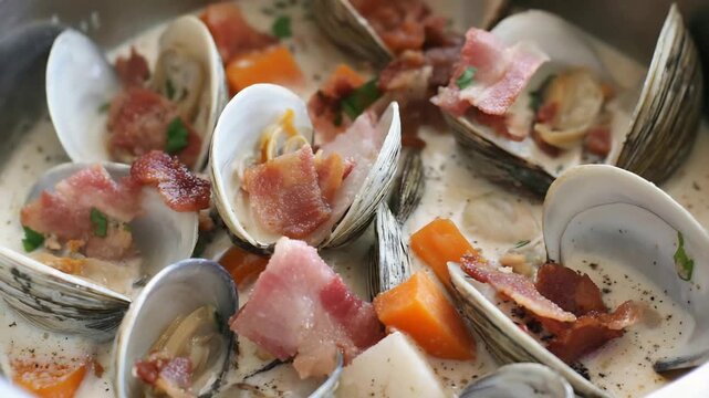 Appetizing Clam Chowder in a Creamy Sauce with Bacon and Fresh Vegetables.
