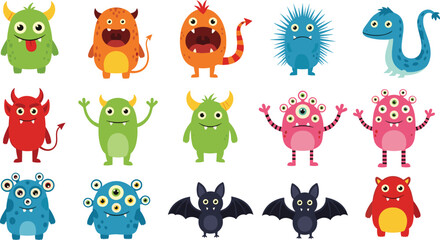 Fototapeta premium Set of Cute Cartoon Monsters and Friendly Alien Characters Vector Illustration with Colorful Horned Creatures and Funny Beasts Isolated on White Background