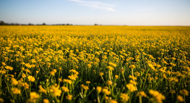 A vast field of vibrant yellow flowers stretches towards the horizon under a clear blue sky.